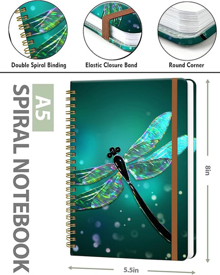 Spiral Journal Notebook for Women, Hardcover A5 College Ruled Notebook, 120 Pages, Thick Paper, Cute Lined Journal for School, Office & Work, 6 x 8.4 in(Dragonfly)