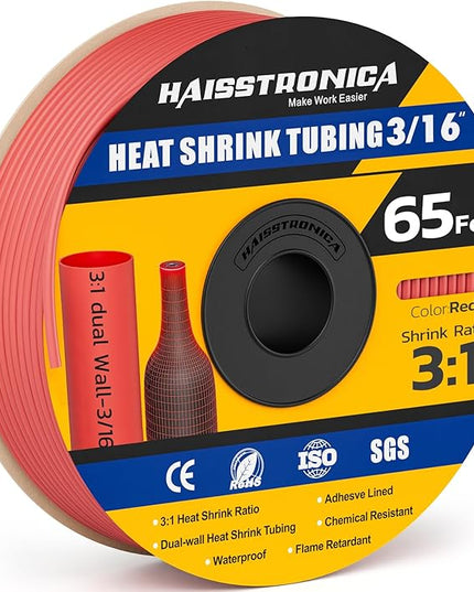 haisstronica 3:1 Heat Shrink Tubing, Shrink Ratio Adhesive Lined Marine Grade Heat Shrink Tube for Home, Automotive and Industrial (Red) 65FT 3/16inch
