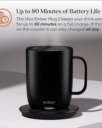 Ember Temperature Control Smart Mug 2, 14 Oz, App-Controlled Heated Coffee Mug with 80 Min Battery Life and Improved Design, Black