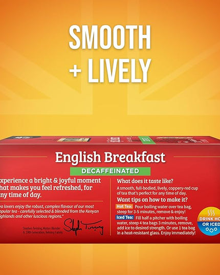 Twinings Decaffeinated English Breakfast Black Tea Individually Wrapped Bags, 100 Count (Pack of 1), Smooth, Flavourful Black Tea, Enjoy Hot or Iced, 100 Teabags