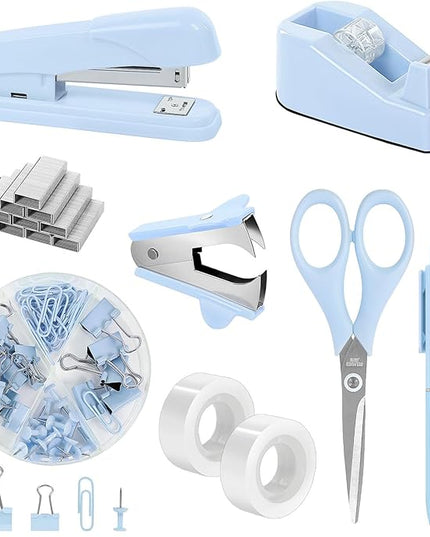 SKYDUE Blue Office Desk Accessories, Blue Office Supplies, Stapler, Tape Dispenser, Scissors, Clips and 1000pcs Staples,Desk Supplies for Women