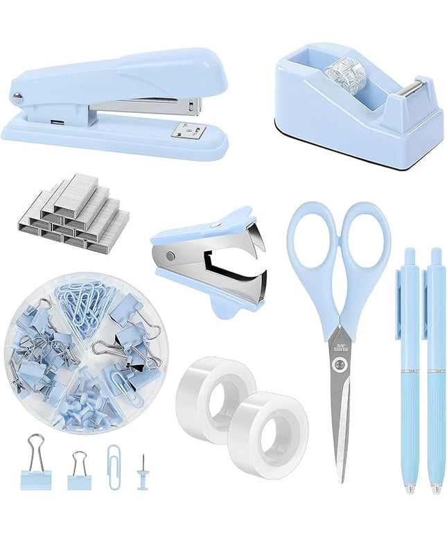 SKYDUE Blue Office Desk Accessories, Blue Office Supplies, Stapler, Tape Dispenser, Scissors, Clips and 1000pcs Staples,Desk Supplies for Women