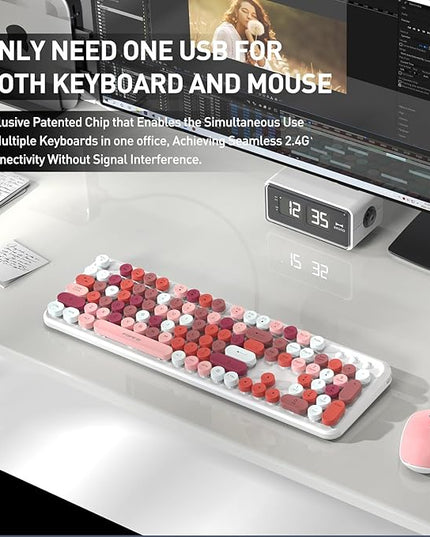 FOPETT 2.4GHz Wireless Keyboard and Mouse Set with Switch Button - Full-Size Keyboard - Compatible for Windows/Laptop/PC/Notebook/Smart TV and More - White Colorful