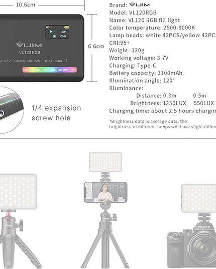 VIJIM VL120 RGB Video Light, Portable LED Camera Light Panel 0-360 Full Color, CRI 95+ 2500-9000K LED 3100mAh Rechargeable DSLR Lighting for Vlogging, Photography, Video Conference