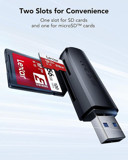 Lexar Dual Slot USB-A Reader, USB 3.2 Gen 1 Up to 104MB/s, USB-A for SD/MicroSD/SDHC/SDXC Camera Card Reader Adapter, OTG MicroSD Card Reader for PC/Laptop/Tablet