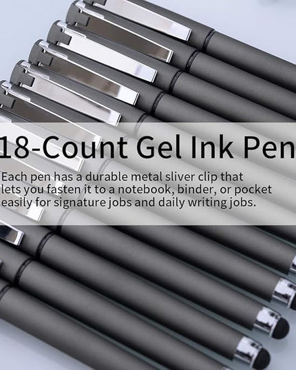 MiSiBao 0.7mm Black Ink Gel Ink Rollerball Pens 2 in 1 Medium Point Pens with Stylus Work Pen Smooth Writing for Office Black gel pen (Dark Grey-18pack)
