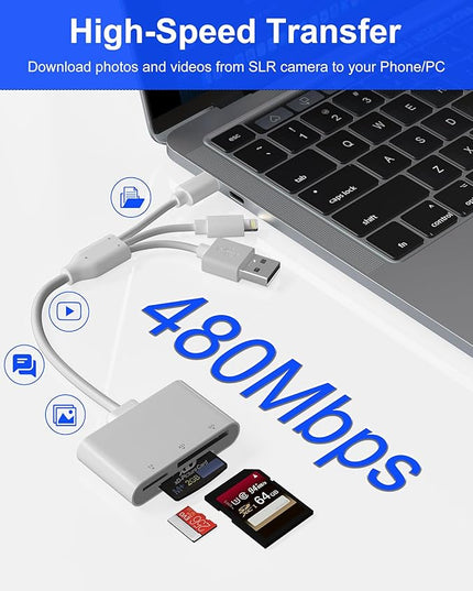 XD Card Reader, SD Card Reader, 3 in 1 TF/SD/xD-Picture-Card Memory Card Reader Camera Phone Adapter, with USB/USB-C/Lightning Port, Use for iPhone 17/16/15/14 iPad MacBook Android PC Laptop