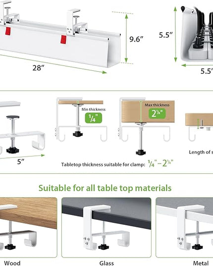 KEEGH No Drill Under Desk Cable Management Tray - 28" Cord Management Under Desk - Clamp/Screw Mount - Support Upto 70lbs - Fabric Wire Management - Gaming/PC Cable Raceways for Office/Home, White
