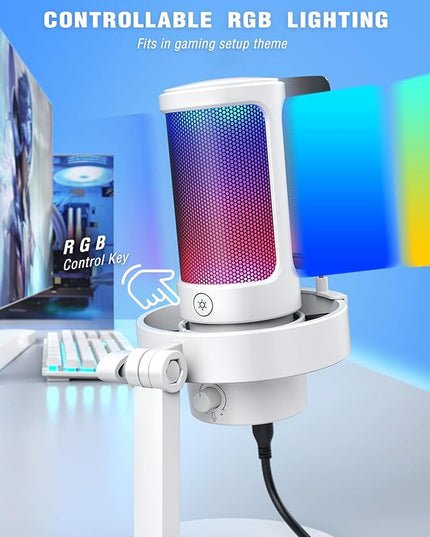 FIFINE Gaming USB PC Computer RGB Microphone for Live Streaming, Meeting, Podcasting, Video, Condenser Mic with Monitoring Headphone Jack, Light Control, for MAC OS/Windows-AmpliGame A8 White