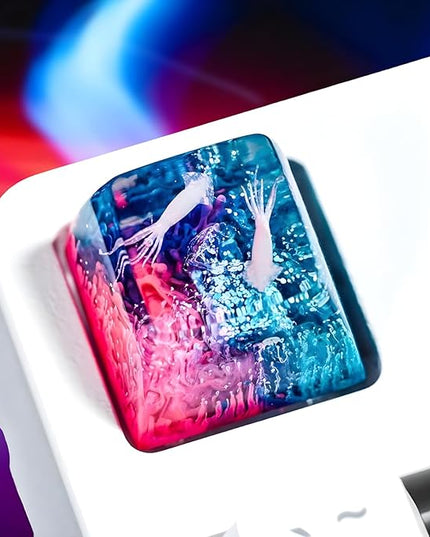 Squid Artisan Keycap Pink Blue Coral Reef R1 SA Profile Custom Sea Creatures Keycaps 1U ESC Handmade Gaming Ocean Resin Key Cap Cherry MX Switch Compatible Mechanical Keyboard Squid Lover Gift