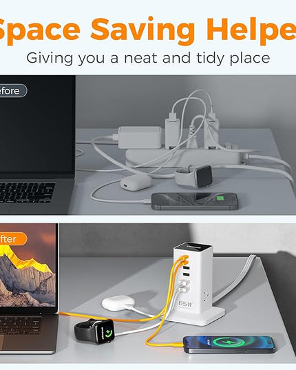 USB Charging Station for Multiple Devices PD 65W, TESSAN 9-in-1 USB C Charger Block for iPhone 17/16/15, MacBook, Tablet, Type C Desktop Charger with 3 AC, Home Travel Office Accessories, White