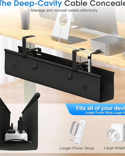 Under Desk Cable Management Tray, 30-inch No-Drill Cord Organizer with Anti-Sag Reinforced Base, Fabric Wire Management Hider for Standing Desk, Office & Gaming Accessories - Black