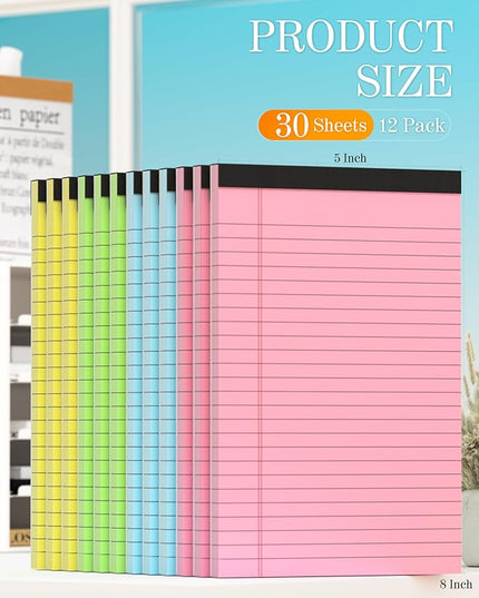 Zaviko 12 Pack Small Note Pads 5x8, Small Colored Legal Pads 5x8 College Ruled, Perforated Legal Notepads, 30 Sheets/Pack Writing Pads 5x8, Colored Notepads 5 x 8 Lined Paper Pads for Office Supplies