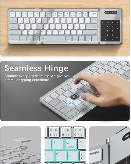 Nillkin Upgraded Foldable Bluetooth Keyboard with Touchpad & Number Pad, Portable Wireless Keyboard for Travel, Pocket-Sized, Full Size Keys, Support 3 Devices for iPad Laptop Tablets Phone, Gray