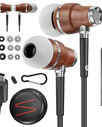 Symphonized Premium Wooden iPhone Earphones Wired (USB C) Deep Bass Sound, 3D Sound, Microphone Volume Control, 90% Noise Cancelling for Type C Devices. Earphones for iPhone 15 to 17 & Android (Black)
