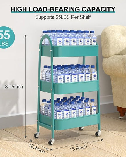 EAGMAK 3 Tier Utility Rolling Cart, Metal Storage Cart with Handle and Lockable Wheels, Multifunctional Storage Organizer Trolley with Mesh Baskets for Kitchen, Living Room, Office, Garage (Turquoise)