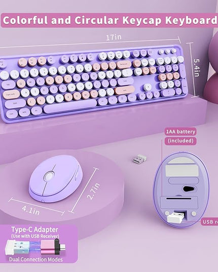 Wireless Keyboard and Mouse Combo, Ergonomic Full Size Typewriter Retro Round Keycaps Keyboard, Compatible with Windows, PC, Perfer for Home and Office Keyboards (Purple