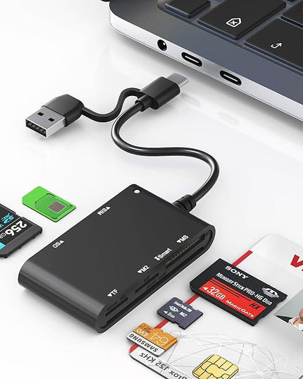 USB C/A Smart Card Reader and Memory Card Adapter 7 in 2 CAC Reader- Military CAC, SIM, SD/TF/MS Pro Duo/M2/IC/PIV Card Reader for Windows/Mac/Linux, Plug and Play