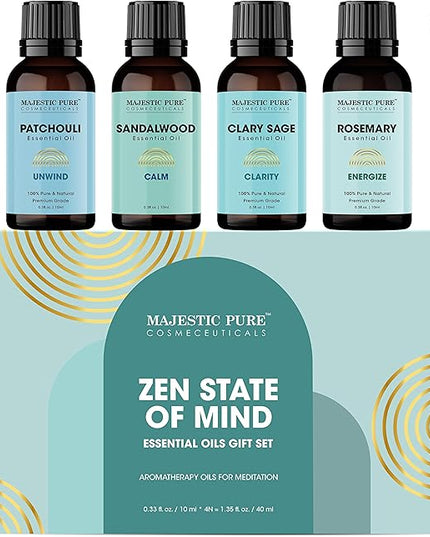 Majestic Pure, Rosemary, Sandalwood, Clary Sage and Patchouli Meditation Essential Oil Set | Perfect for Meditation, Yoga, Relaxation or Mindful Mornings | Pack of 4 x 0.3 Fl Oz