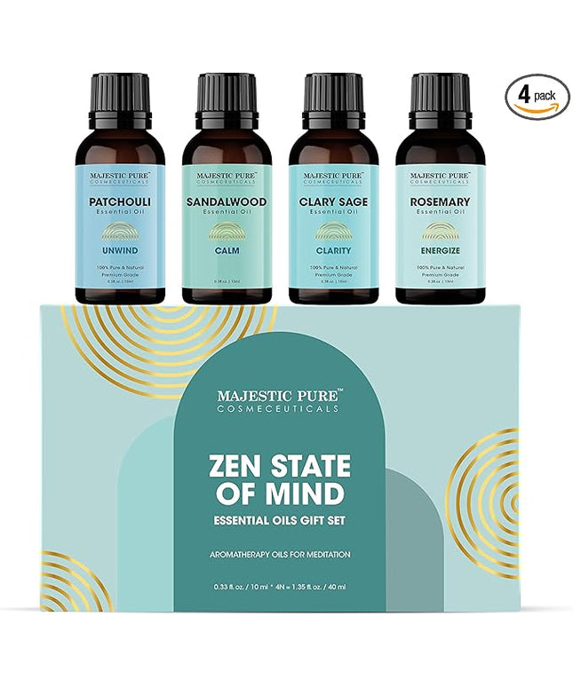 Majestic Pure, Rosemary, Sandalwood, Clary Sage and Patchouli Meditation Essential Oil Set | Perfect for Meditation, Yoga, Relaxation or Mindful Mornings | Pack of 4 x 0.3 Fl Oz