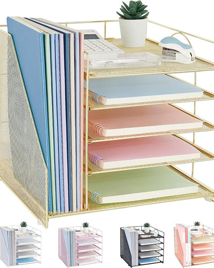 LEKETREE Desk Organizers and Accessories, 5-Tier Paper Letter Tray Organizer with File Holder, Desktop Organizer for Office Supplies (Gold)
