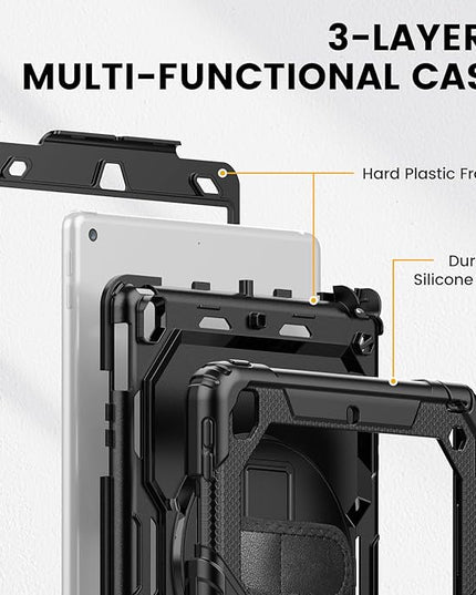 Timecity Case for iPad 9th/ 8th/ 7th Generation 10.2 inch - Heavy Duty Protective Cover with Screen Protector, Rotating Stand, Shoulder Strap & Pencil Holder | Kids-Friendly (Black)