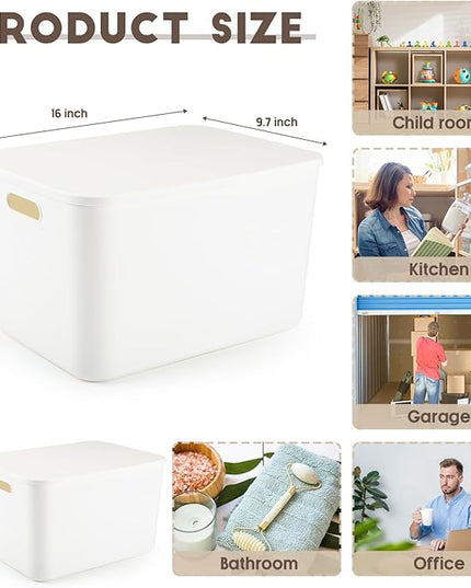Tuanse 8 Pieces White Plastic Storage Bins with Lids, Stackable Storage baskets with Handle Containers Box for Shelves Drawers Desktop Playroom Classroom Office Organization(16 x 12 x 9.7 Inches)