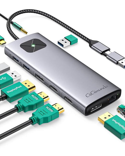 GiGimundo LK10 10 in 1 Laptop Docking Station Dual Monitor, USB C Hub Dual 4K@60Hz HDMI, 2 DP, 3 USB A, 100W PD, 1000Mbps Ethernet, 3.5MM Audio, USB Multiport Adapter for MacBook/DELL/HP/Lenovo