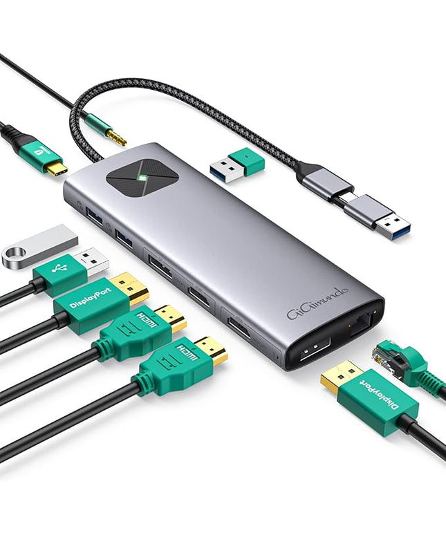 GiGimundo LK10 10 in 1 Laptop Docking Station Dual Monitor, USB C Hub Dual 4K@60Hz HDMI, 2 DP, 3 USB A, 100W PD, 1000Mbps Ethernet, 3.5MM Audio, USB Multiport Adapter for MacBook/DELL/HP/Lenovo