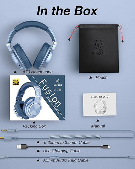 OneOdio A70 Bluetooth Over Ear Headphones, Wireless Headphones w/ 72H Playtime, Hi-Res, 3.5mm/6.35mm Wired Audio Jack for Studio Monitor & Mixing DJ Guitar AMP, Computer Laptop PC Tablet - Sky Blue