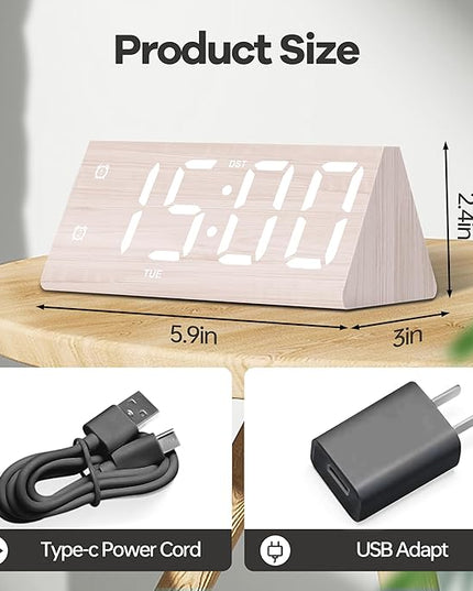 Digital Alarm Clock, with Wooden Electronic LED Time Display, 3 Alarm Settings, Humidity & Temperature Detect, Wood Made Electric Clocks for Bedroom, Bedside, Desk (White-Big Bold)