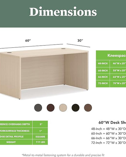 HON MOD Executive Desk 60-Inch Large Computer Desk Shell, Thick Wooden Laminate, Modern Table with Cord Management, 60" W x 30" D x 29" H, Desert Oak