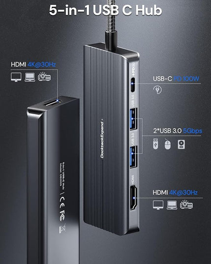 USB C to HDMI, Dual Monitor Adapter, DockteckExpand 5 in 1 Hub with 2 HDMI 4K, 2 USB 3.0, PD 100W Charging, USB C to MultiPort Adapter for Dell, HP, MacBook and Type C Devices