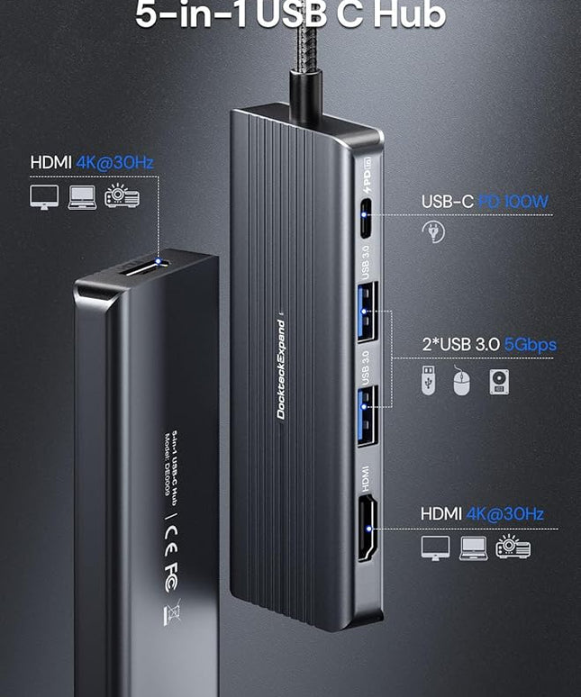 USB C to HDMI, Dual Monitor Adapter, DockteckExpand 5 in 1 Hub with 2 HDMI 4K, 2 USB 3.0, PD 100W Charging, USB C to MultiPort Adapter for Dell, HP, MacBook and Type C Devices