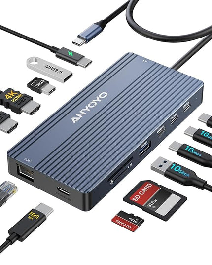 USB C Docking Station, 14 in 1 USB Hub for 3 Monitors, Dual 4K@60Hz HDMI & USB-C Video, 4xUSB-C(10Gbps), 3X USB-A, Ethernet, SD/TF & 3.5mm Audio Jack – Multiport Adapter for Laptop/HP/Dell/Lenovo