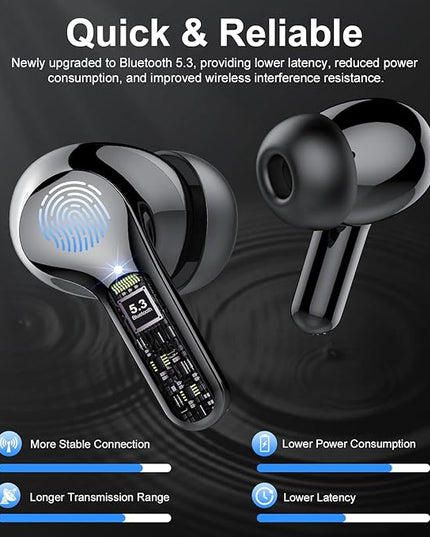 Wireless Earbuds, Bluetooth 5.4 Headphones HiFi Stereo, Bluetooth Earbuds with ENC Noise Cancelling Mic, IP7 Waterproof in Ear Earphones, 48H, LED Display Ear buds for Pad Workout Sports, Black