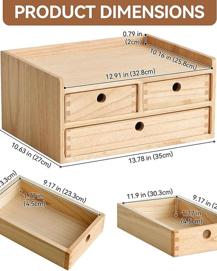 KIRIGEN Wood Organizer Shelf with 3 Drawers for Home Kicthen Decor Office Supplies Desktop Cabinet for Drawer Organizer - Desk Accessories Storage Box -Countertop Shelf Natural（DT2D3C-NA）