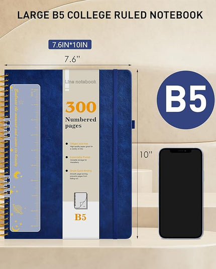 B5 Spiral Notebook Journal 7.6” x 10”, 300 Numbered Pages Hardcover Leather Journals for Women Men, Large Lined College Ruled Notebooks, 100GSM Thick Paper, Spiral Bound Journal for Work School, Navy
