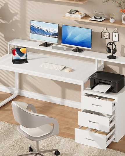 White Desk with 3 Drawers, 67 Inch Office Desk with Long Monitor Stand & Printer Shelf, Reversible Computer Desk with LED Lights for Bedroom