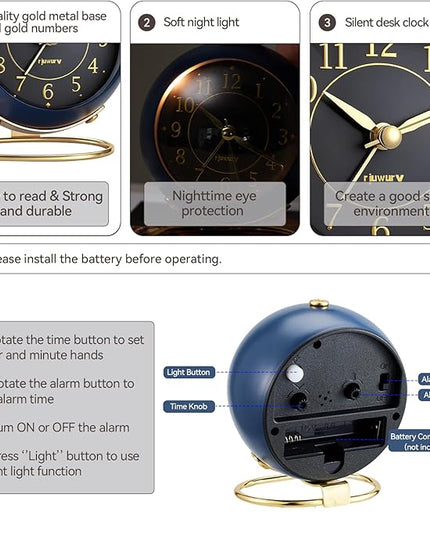 rjuwurv Metal Desk Alarm Clock, Retro Bedroom Table Vintage Analog Silent Non-Ticking Gold Alarm Clock, Bedside Decor(Navy Blue)