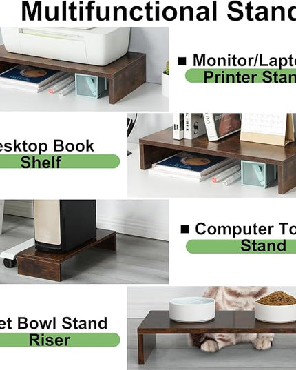 TEAMIX 2 Pack Monitor Stand Riser-20 inch, Wooden Tabletop Shelf for TV/PC/Laptop/Printer, Rustic Brown Monitor Riser with Storage, Computer Stand Ergonomic Design