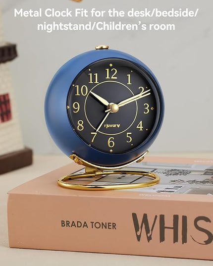 rjuwurv Metal Desk Alarm Clock, Retro Bedroom Table Vintage Analog Silent Non-Ticking Gold Alarm Clock, Bedside Decor(Navy Blue)