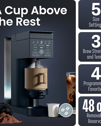 Chefman Caffeinator Single Serve Coffee Maker, Brew Kcups & Grounds, Drip Coffee Machine with Brew Strength Settings, Iced Coffee Function, 48 oz. Removable Water Reservoir