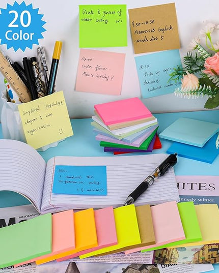 100 Pack Sticky Notes Bulk 3 x 3 in Self-Stick Note Pads Colorful Posted Note in 20 Colors Adhesive Paper Memo 50 Sheets/Pad Easy to Post for Office Home School Meetings Notebook Wall Door Window