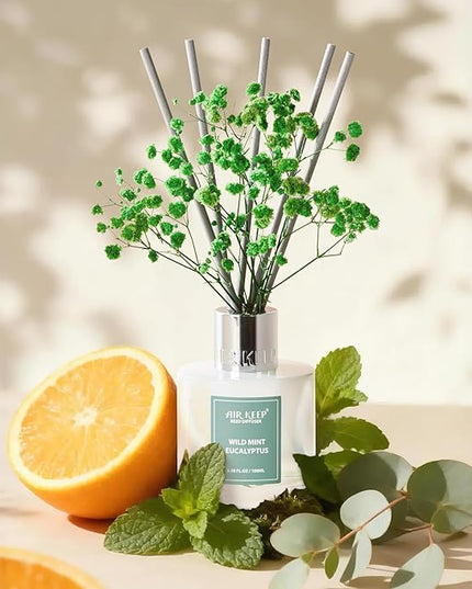 Airkeep Reed Diffuser Set,3.38 fl oz (100 ml) - Wild Mint&Eucalyptus Oil Diffusers with 8 Reed Sticks, Home Fragrance Reed Diffuser for Bathroom Shelf Decor