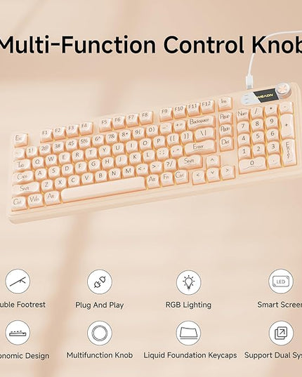 V102 Wired Keyboard, 98 Keys Creamy Gaming Keyboard with Number Pad, Display Screen & Media Knob RGB Silent Wired Cute Computer Keyboard for Laptop PC Gamer - Cream Pink
