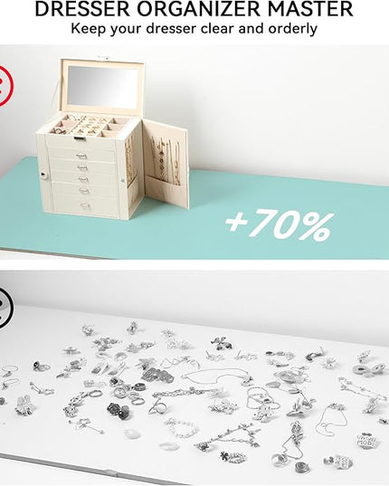 Frebeauty Large Jewelry Box,6-Tier PU Leather Jewelry Organizer,Multi-functional Storage Case with Mirror,Accessories Holder with 5 Drawers for Necklace Bracelets Watches(Pearl White)