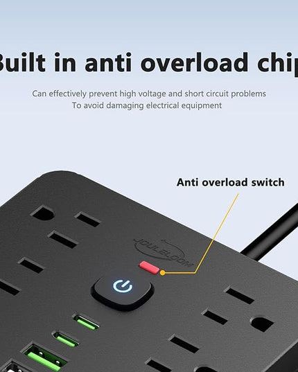 20 FT Flat Plug Surge Protector Power Strip,11 Multiple AC Outlets with 6 USB Ports (2 USB C), 20 Feet Extension Cord, 1250W/10A, One Touch Switch Button, 17 in 1 Compact powerstrip