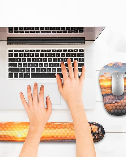 Ergonomic Mouse Pad and Keyboard Wrist Rest with Massage Design, Space-Saving Mouse Pad Wrist Support, Memory Foam Wrist Rest with Non-Slip PU Base for Computer Desk, Beach