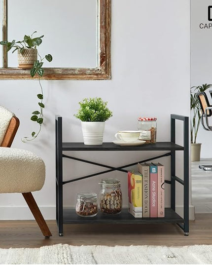 CAPHAUS 2 Tier Small Bookshelf, 24 Inch Width Free Standing Shelf, Bookcase Shelf Storage Organizer, Industrial Book Shelves for Home Office, Living Room, Black Shelves & Metal Frame